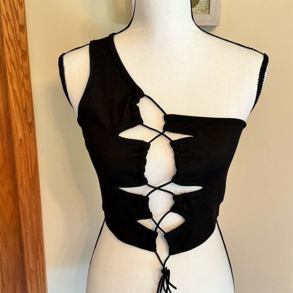 SHEIN Cropped Tank Top Womens Size M Black One Shoulder Lace-Up Cutout